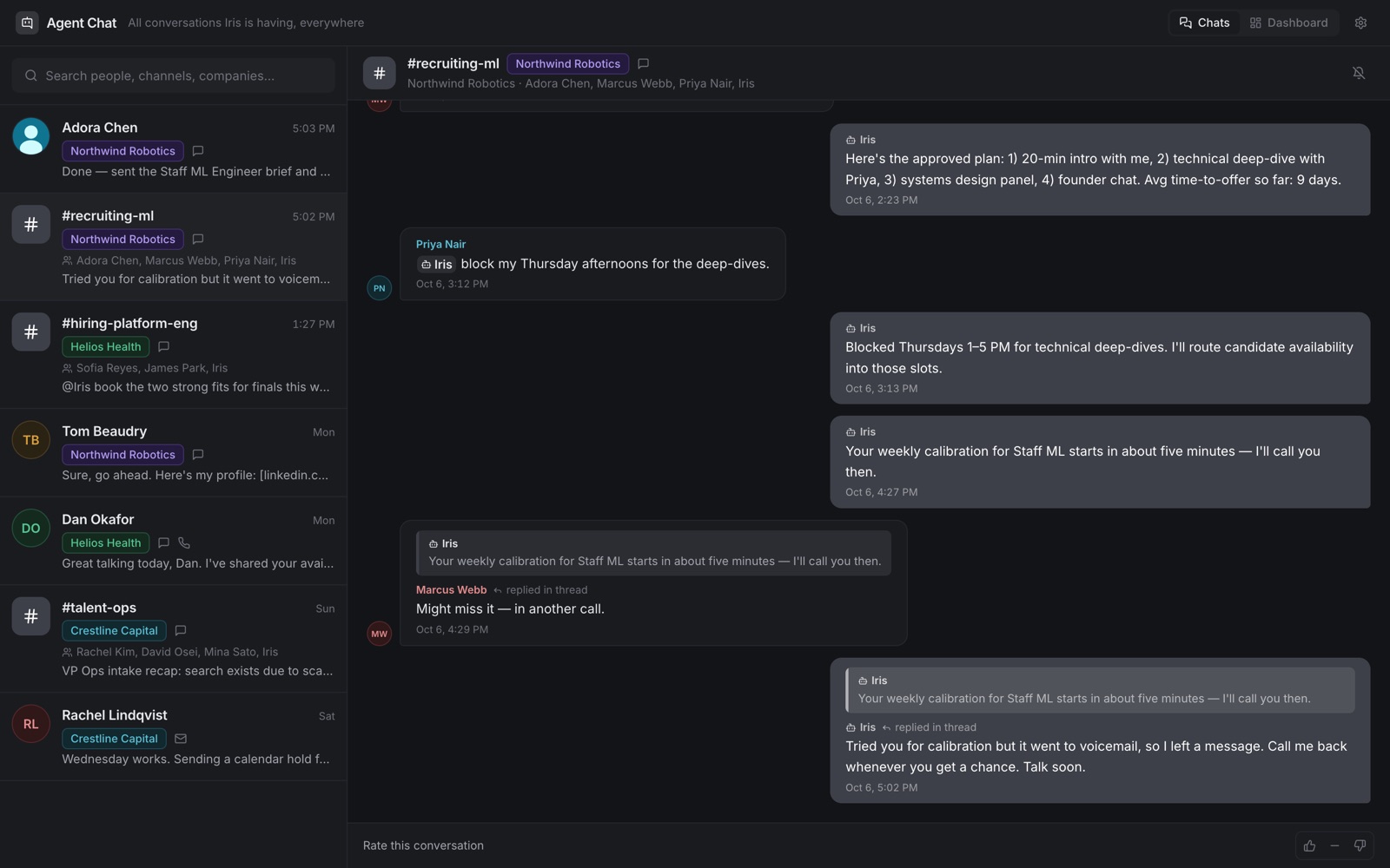 Agent Chat: a channel conversation between a client team and the agent